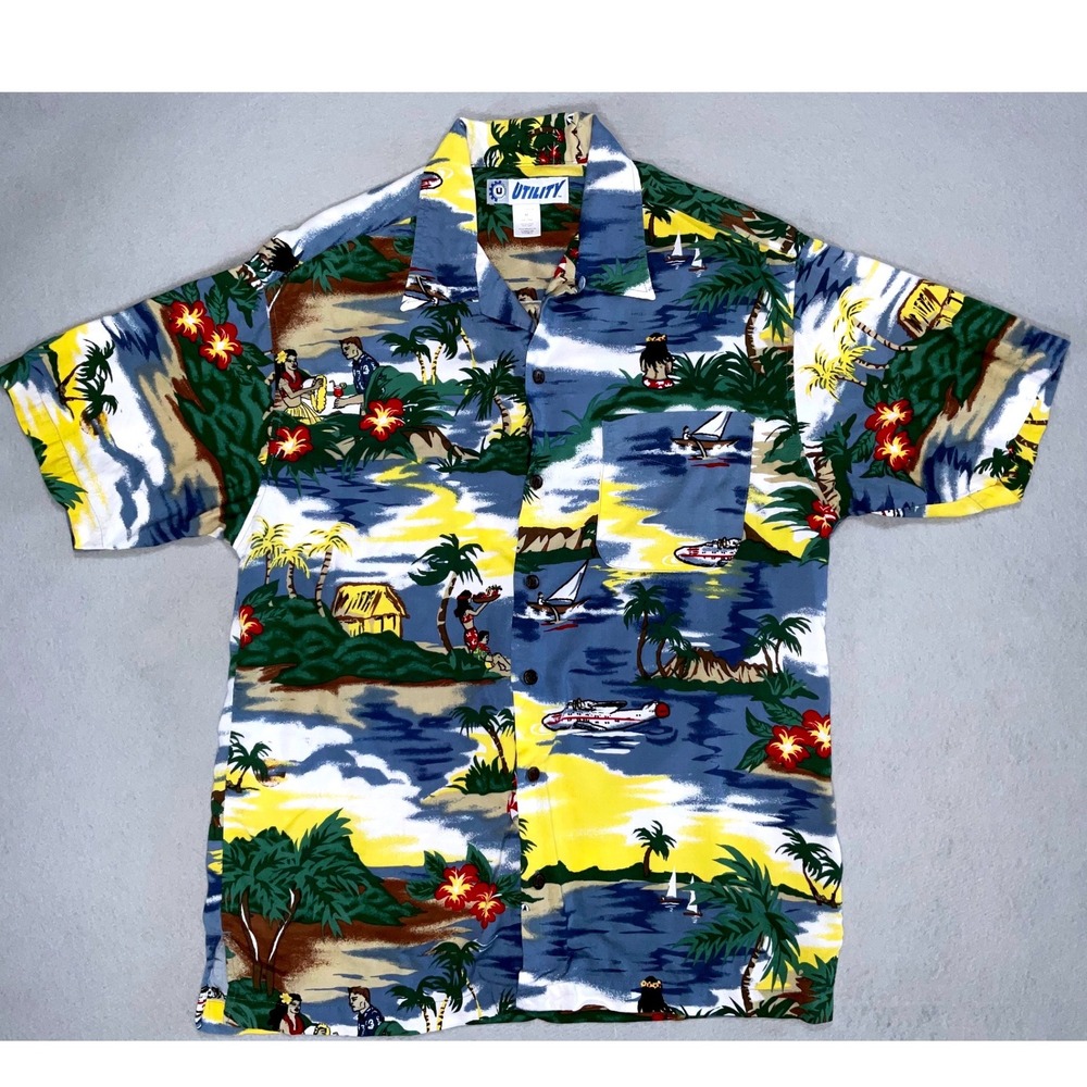 Utility Tropical Hawaiian Shirt Men's Medium Rayon Island Print Vintage